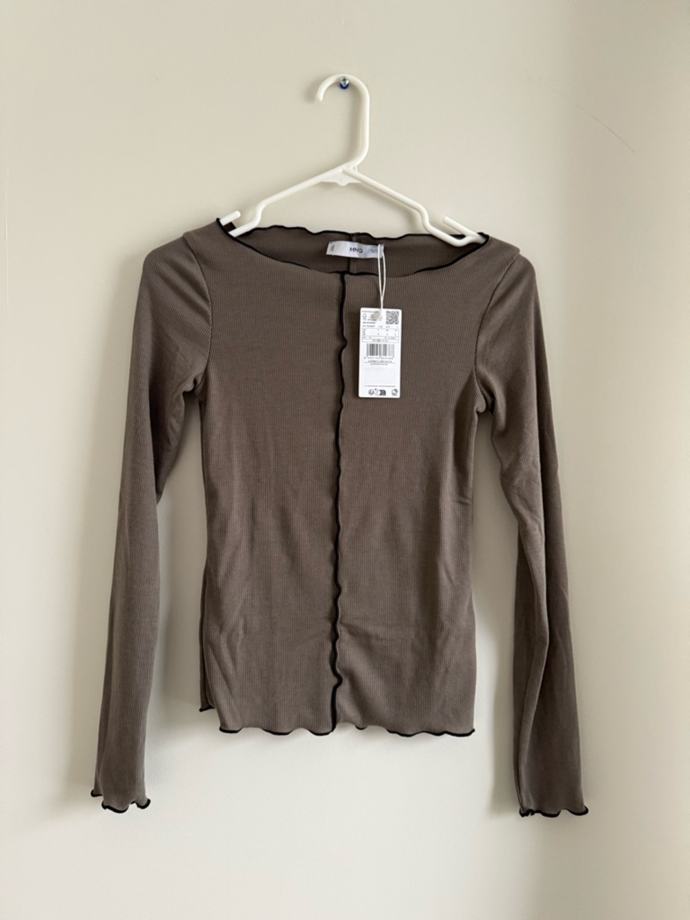 Mango Taupe Long-Sleeve Lettuce-Edge Ribbed Knit Tee- S- NWT